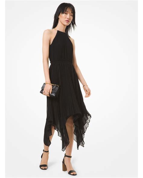 Michael Kors Pleated Georgette Halter Dress In Black 